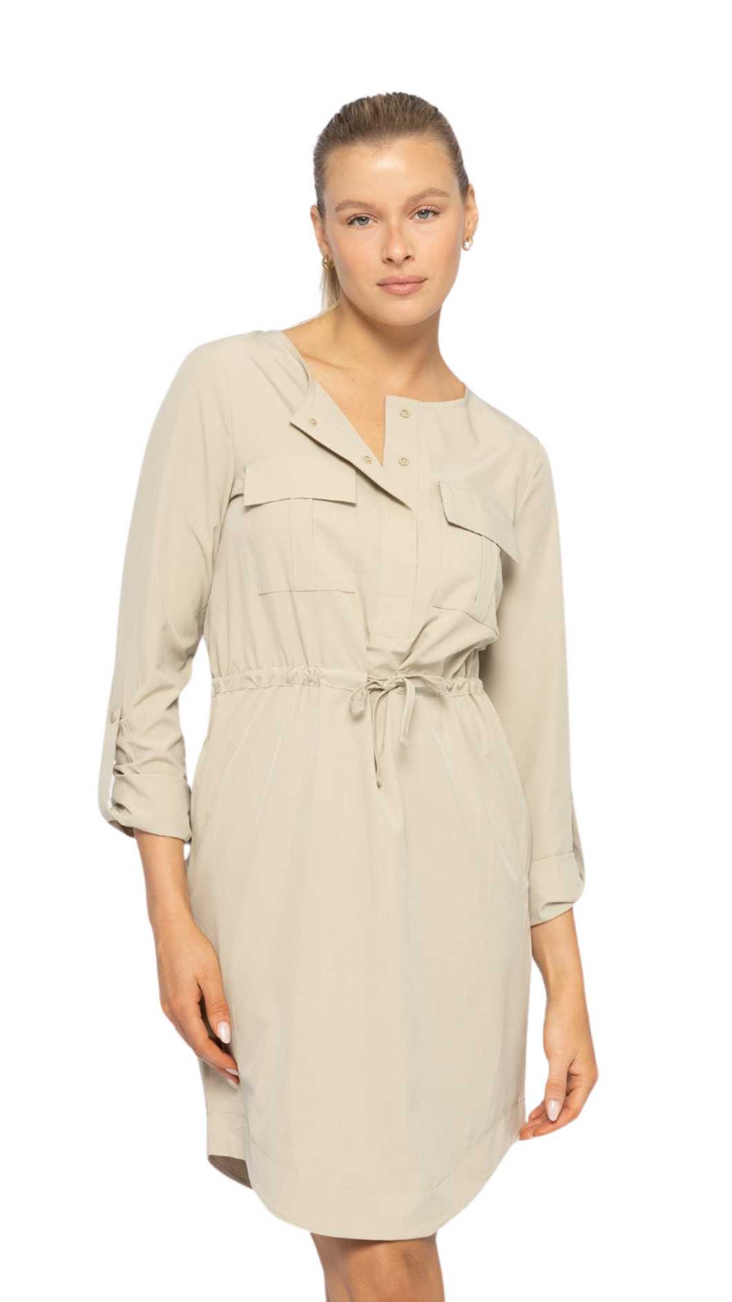 FREE MB STRETCH WOVEN SCOOP NECK DRESS KHAKI