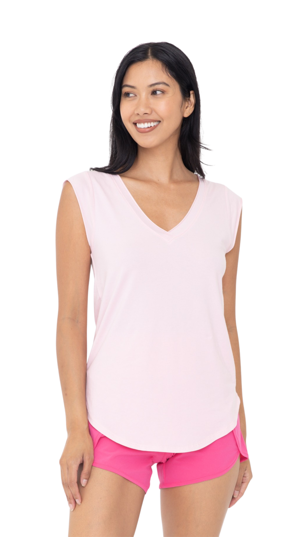 FREE MB V NECK TANK TOP WITH CURVED HEM PINK