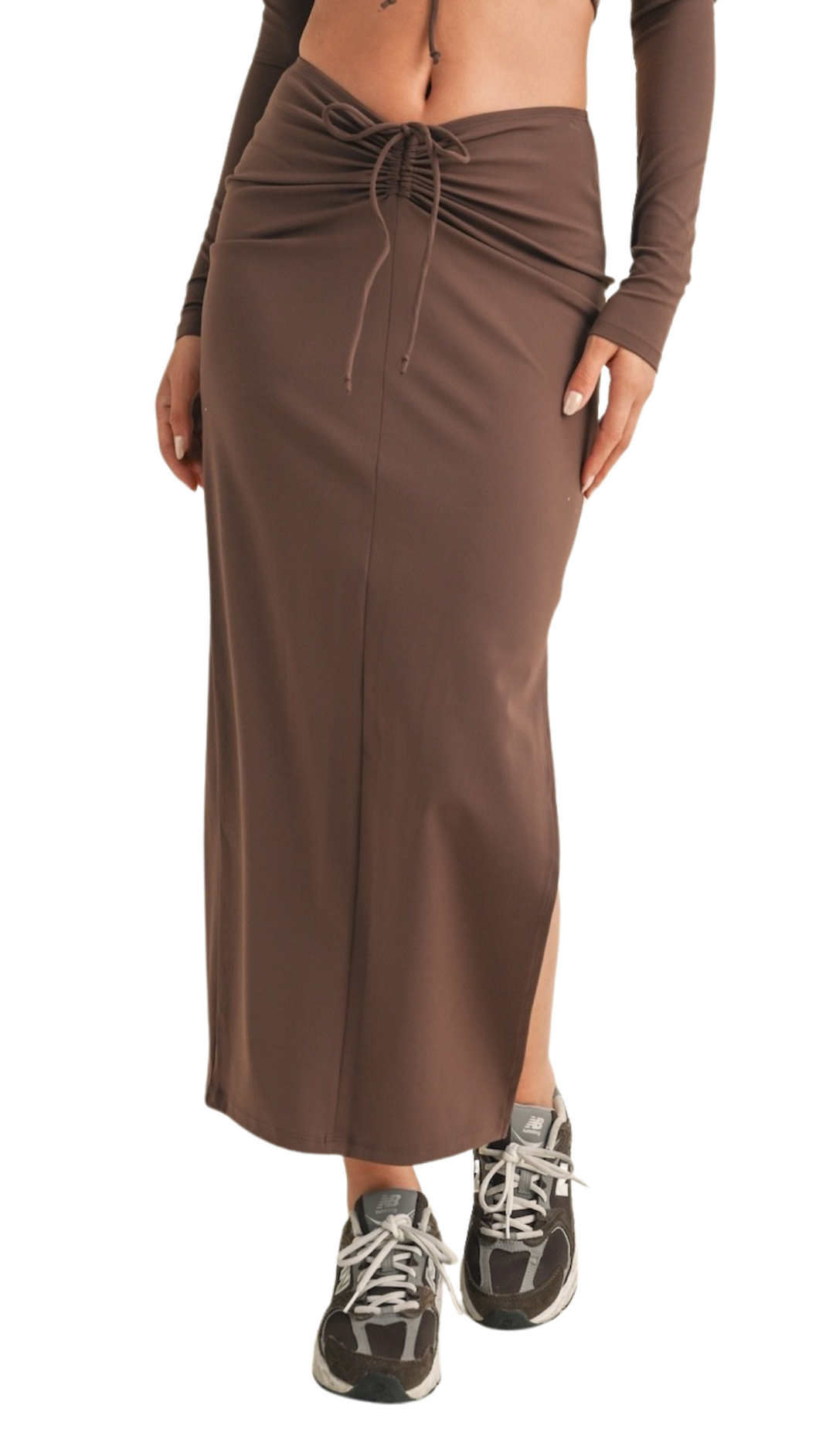 FREE KIM RUTCHED MAXI SKIRT WITH SIDE SLITS CHOCOLATE